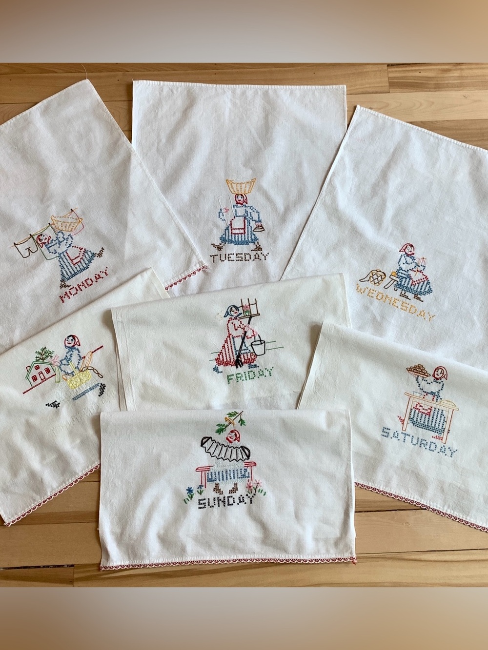 Vintage Embroidered Tea Towels Days Of The Week
